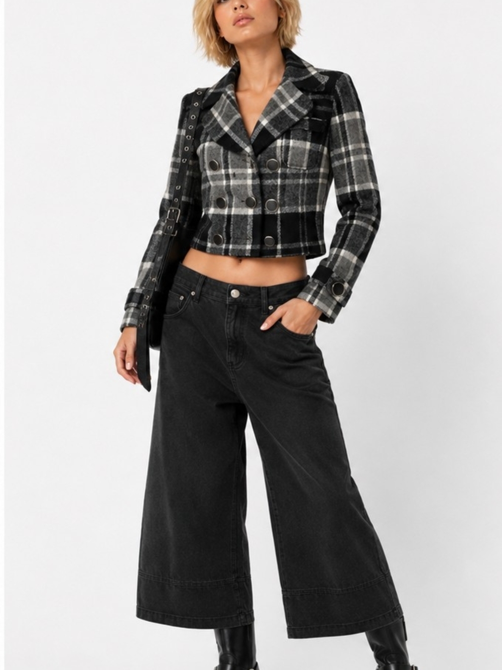 Worthington Y2K Cropped Peacoat Jacket Black Gray Plaid Med Pet